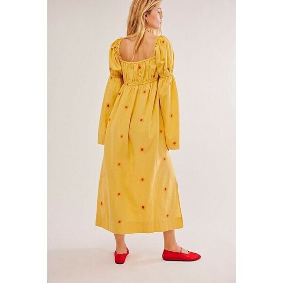 NEW FREE PEOPLE EMORY  WARM YELLOW FLOWER EMBROIDERED MIDI DRESS SZ SMALL - Picture 2 of 12